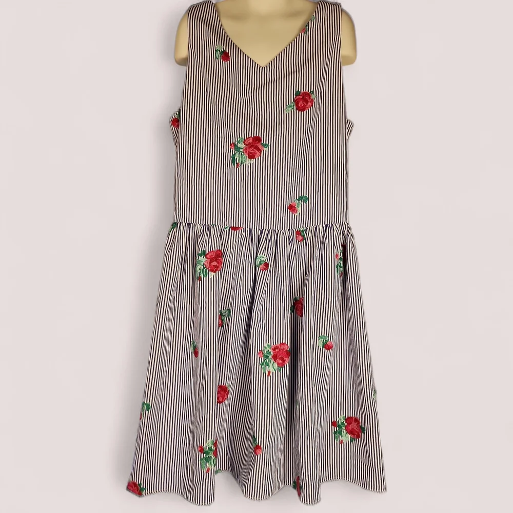 AMY BYER | Blue White Striped Easter Dress Pink Floral Embroidery Accents | 16